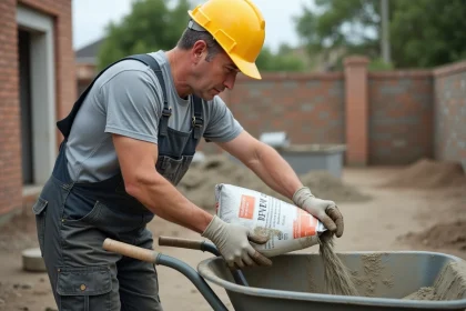 Ouvrier en casque jaune versant du béton en extérieur