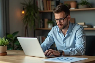 Jeune homme professionnel regardant un graphique sur son ordinateur