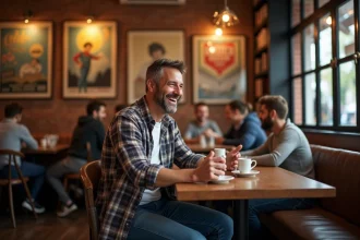 Homme d'âge moyen souriant dans un café convivial