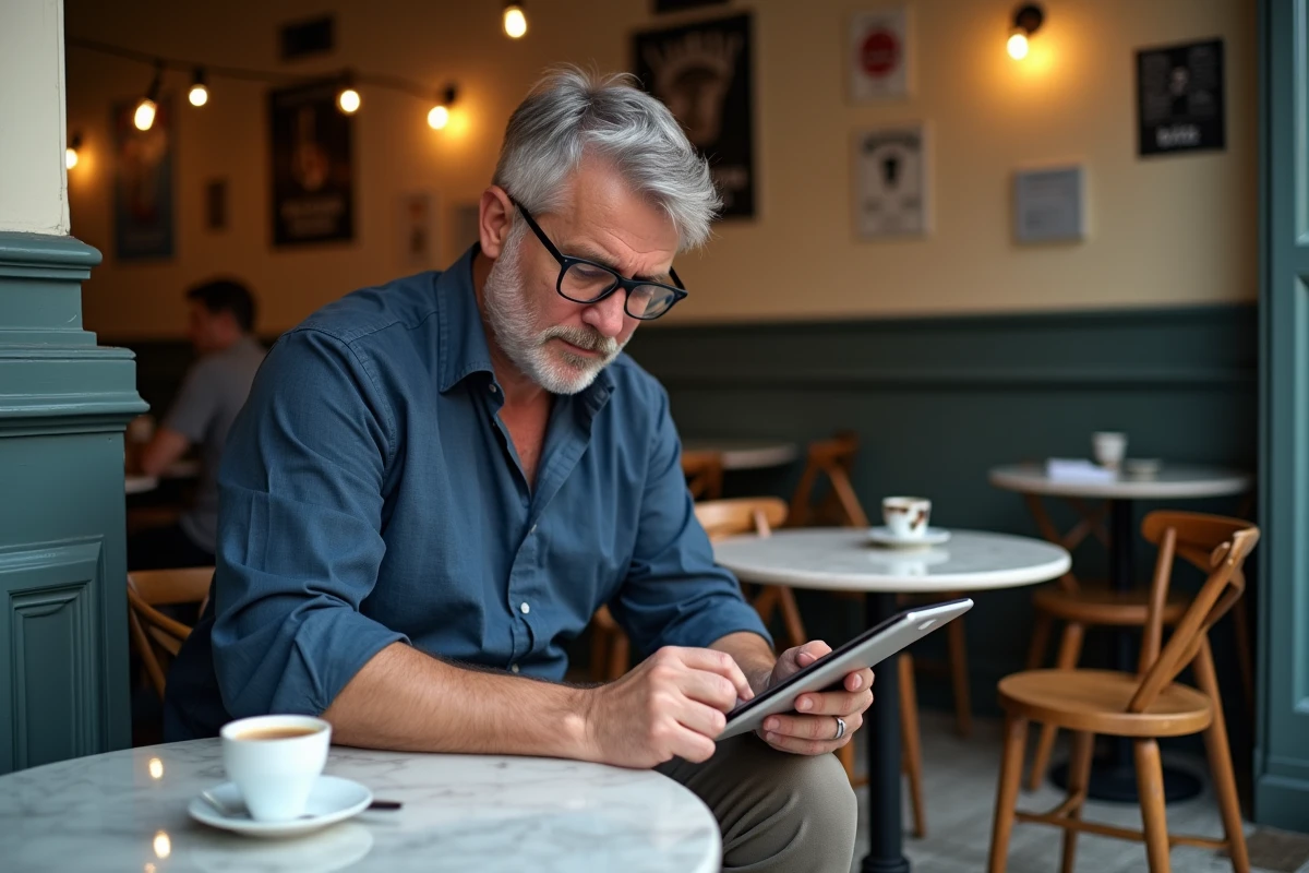Homme lisant un article sur les règles d'orthographe et les formules de politesse en français sur une tablette dans un café parisien, illustrant l'apprentissage de la langue française au quotidien