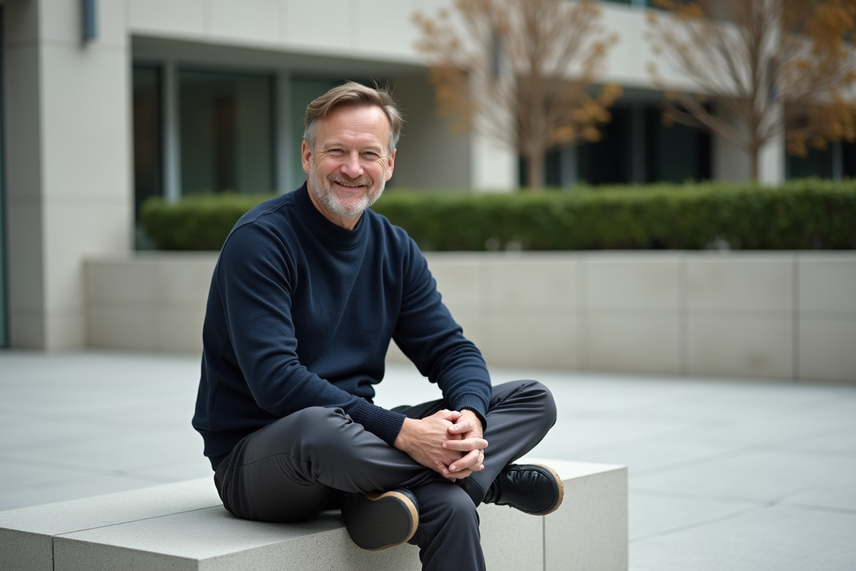 Homme assis dans une cour urbaine calme et élégante