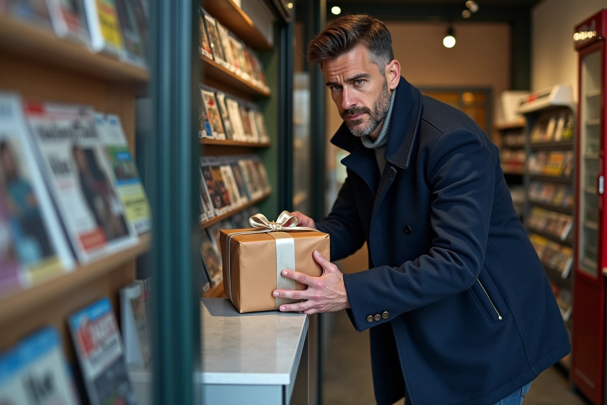 Homme déposant un colis cadeau emballé au comptoir d'un point relais Colissimo dans un tabac-presse