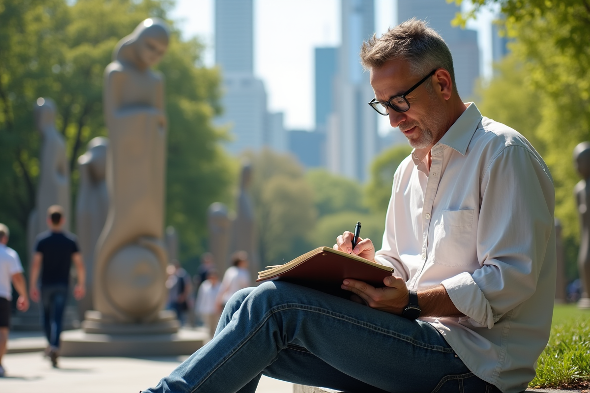 Homme esquissant dans un jardin de sculptures urbain