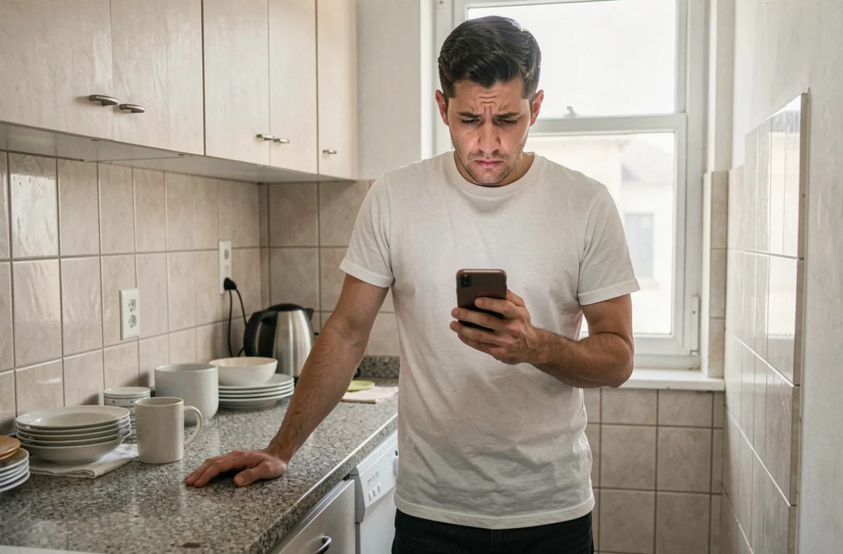 Homme fixant son téléphone avec une expression troublée dans une cuisine, évoquant le dilemme de renouer avec un ex toxique