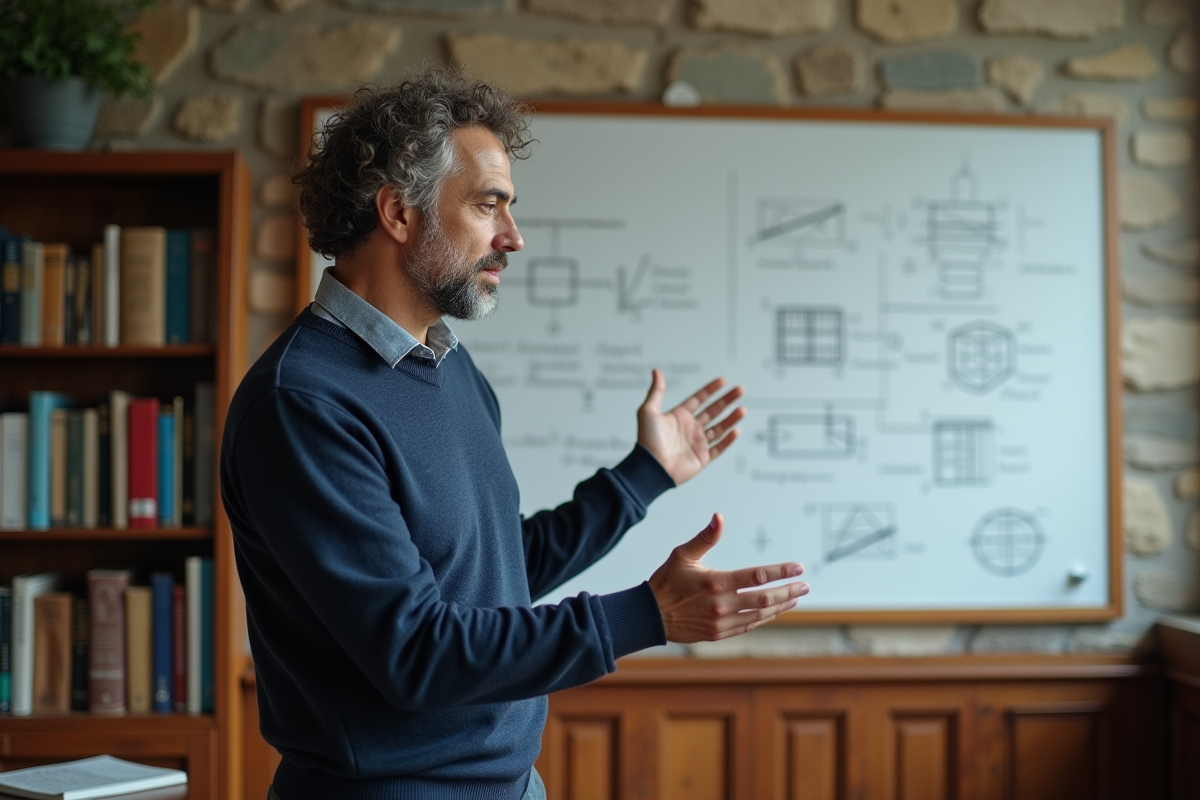 Homme avec diagrammes sur tableau blanc dans salle universitaire