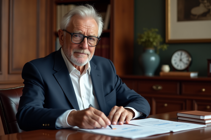 homme-fin-septanten-finances Homme âgé en costume regardant des documents financiers dans un bureau