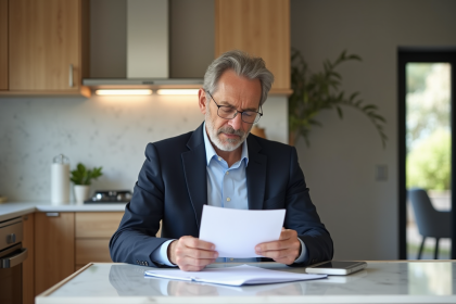 Homme français examine documents immobiliers dans une cuisine moderne