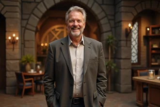 Homme grand et souriant en blazer debout dans un décor de château télévisé style Fort Boyard
