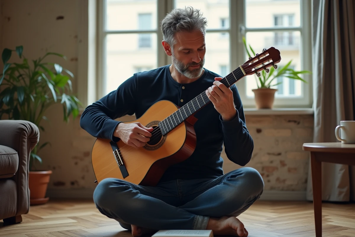 Homme pratiquant les doigtés de guitare classique avec une tablature dans un appartement parisien