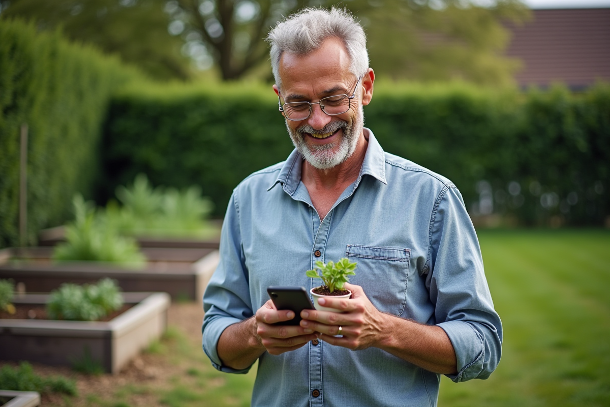 Homme dans un jardin avec plante et smartphone en main