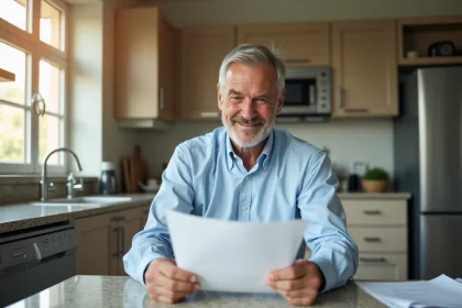 Homme lisant un document de pret immobilier dans une cuisine moderne