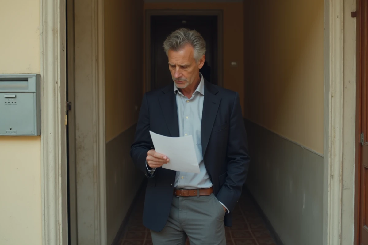 Homme lisant un courrier officiel dans le couloir de son immeuble résidentiel, l'air attentif face à un litige locatif