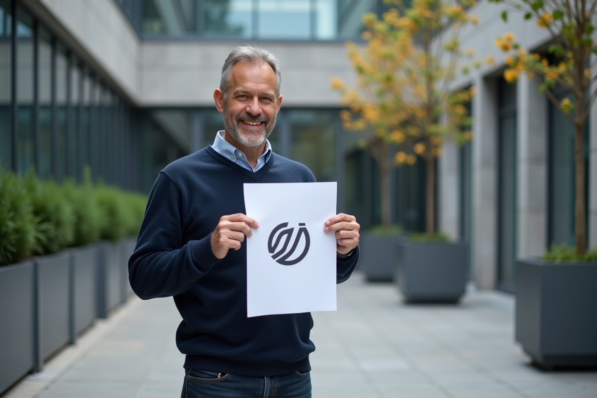 Homme tenant un logo imprimé dans une cour urbaine