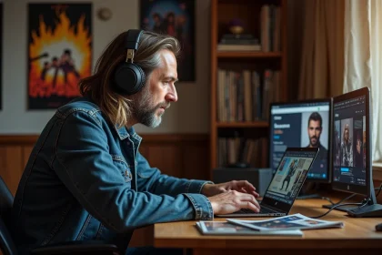 Homme d'âge moyen écoute de la musique rock avec casque vintage
