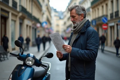 Homme d'âge moyen lisant une contravention à Paris