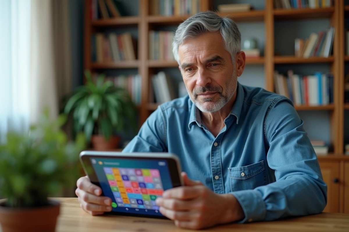 Homme consultant la progression de niveaux sur une tablette dans un bureau à domicile, représentant l'avancement dans Candy Crush