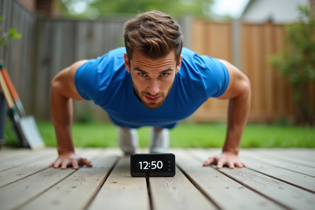 Jeune homme faisant des pompes dans un jardin extérieur