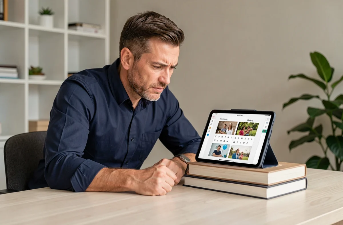 Homme cherchant la solution d'un jeu 4 mots 1 image 9 lettres sur tablette dans un bureau à domicile