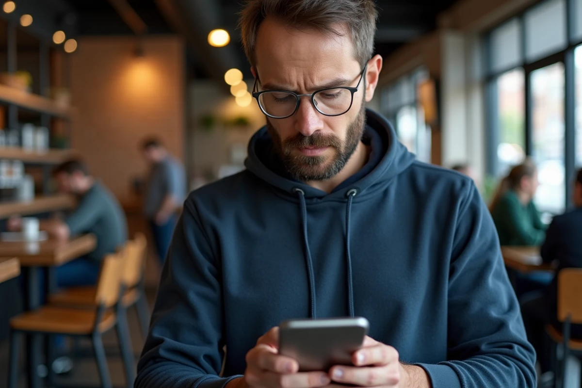 Homme cherchant la nouvelle adresse officielle d'un site de streaming sur smartphone dans un café
