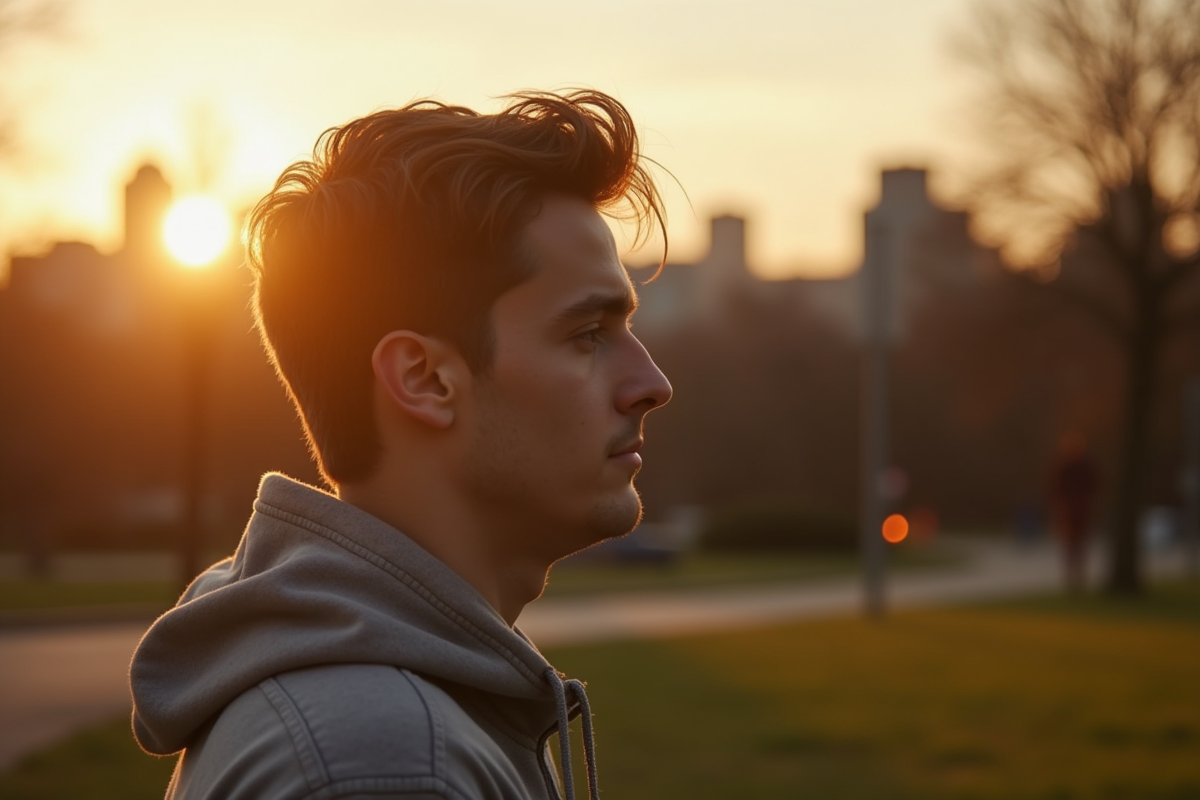 Jeune homme contemplatif dans un parc en automne au coucher du soleil