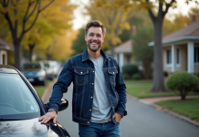 Midsize : comprendre les caractéristiques et usages d’une voiture de taille intermédiaire Homme souriant près d'une berline en banlieue