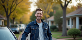 Homme souriant près d'une berline en banlieue