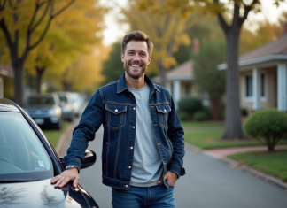 Homme souriant près d'une berline en banlieue