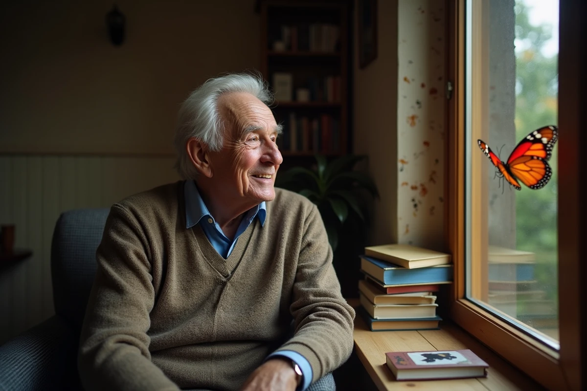 Homme âgé regardant un papillon sur la fenêtre
