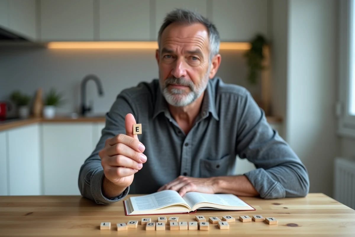 Homme tenant une tuile de Scrabble entre ses doigts en s'interrogeant sur la validité d'un mot