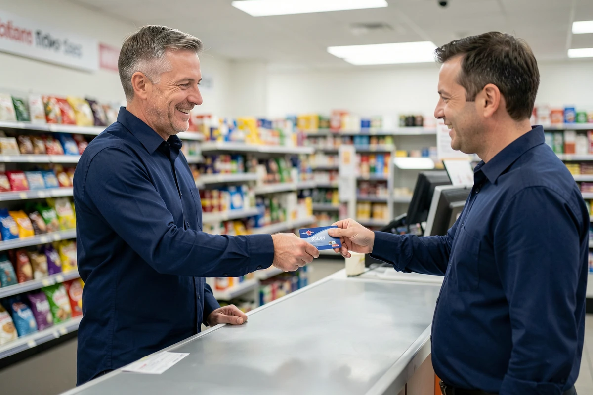 Homme remettant un chèque cadeau à une caissière en magasin pour un achat sans frais supplémentaires