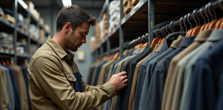 Homme d'âge moyen examinant des chemises de travail dans un magasin