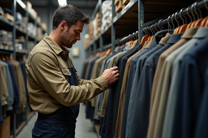 Homme d'âge moyen examinant des chemises de travail dans un magasin
