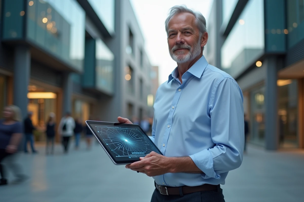 Homme d age moyen dans la ville avec une tablette blockchain