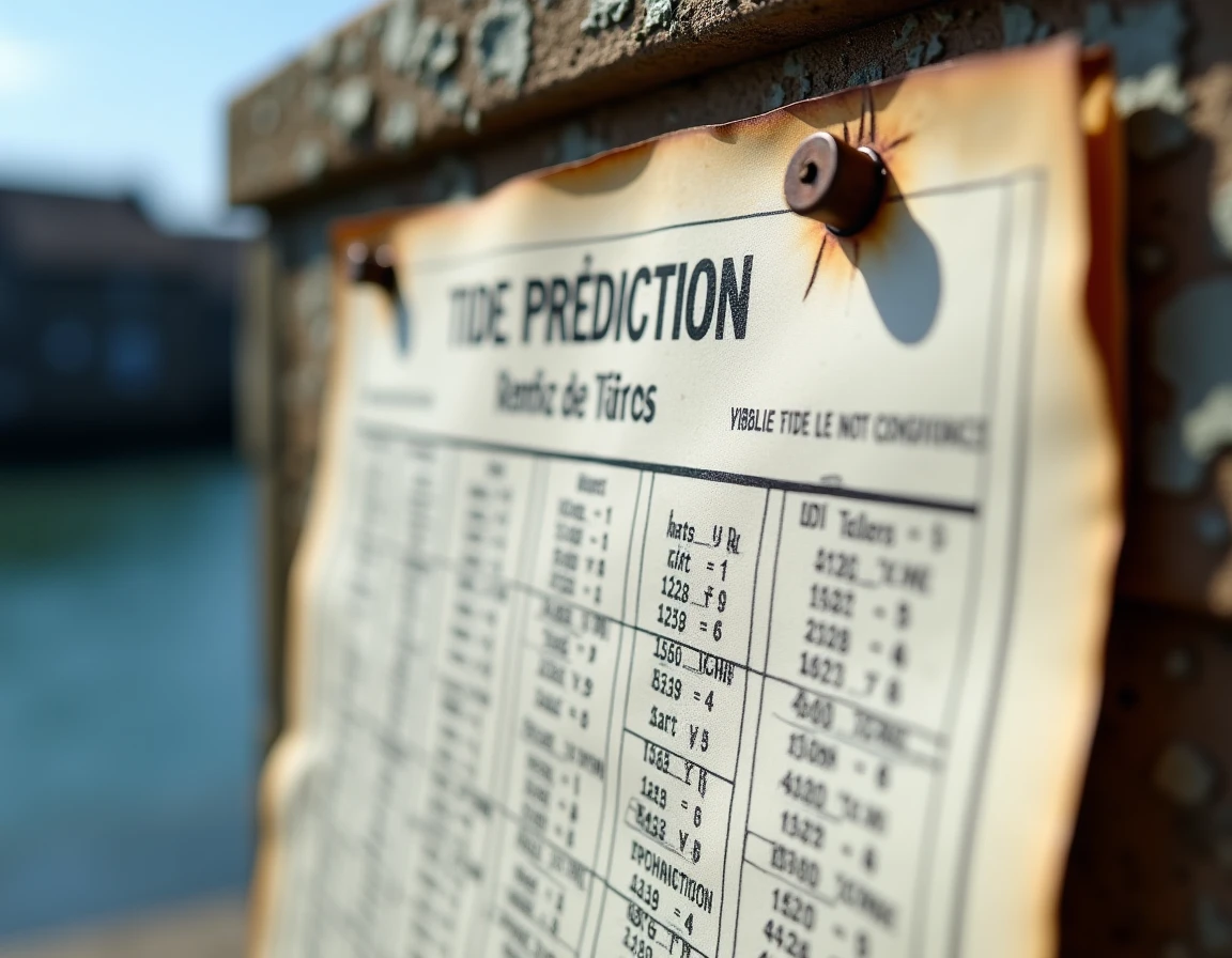 Tableau des horaires des marées affiché sur un panneau en bois dans un port breton près de Saint-Brieuc