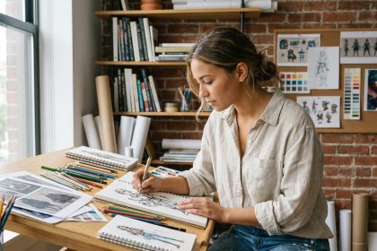 Jeune femme en école d'art dessinant une illustration de personnage à l'encre dans un atelier créatif avec carnets de croquis et références visuelles