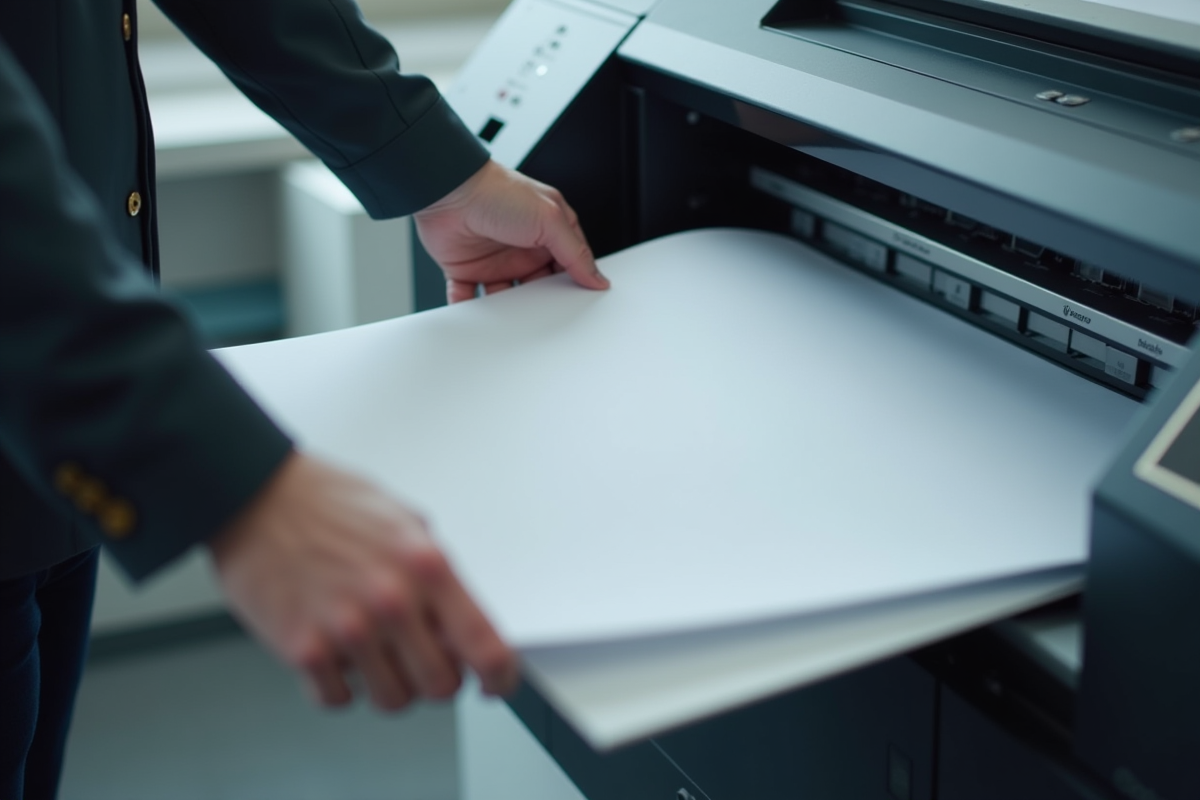 Mains manipulant une feuille A0 dans une imprimante professionnelle