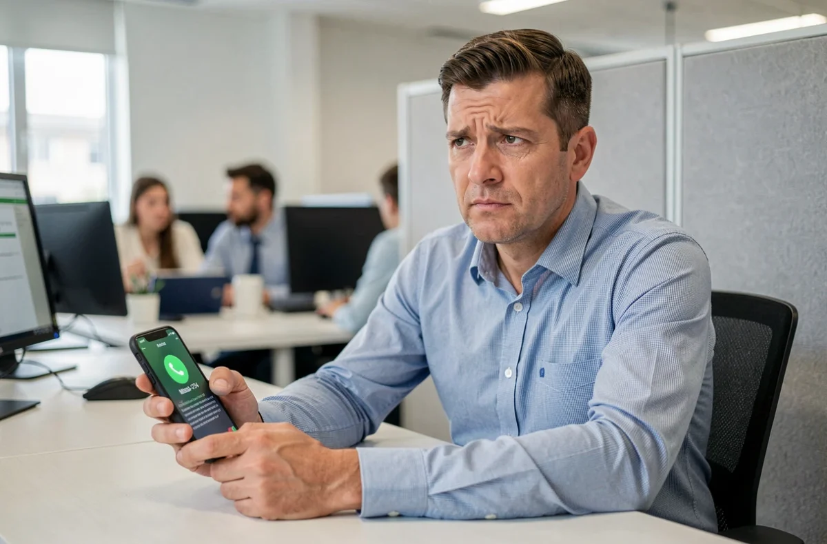 Homme d'affaires analysant un appel manqué avec l'indicatif téléphonique +234 sur son téléphone au bureau