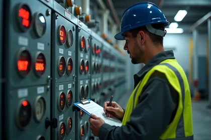 Ingénieur en centrale électrique convertissant des mégawatts en kilowatts sur un tableau de bord industriel