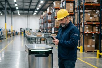 Ingénieur en usine interagissant avec un robot mobile autonome sur le sol d'un entrepôt industriel moderne