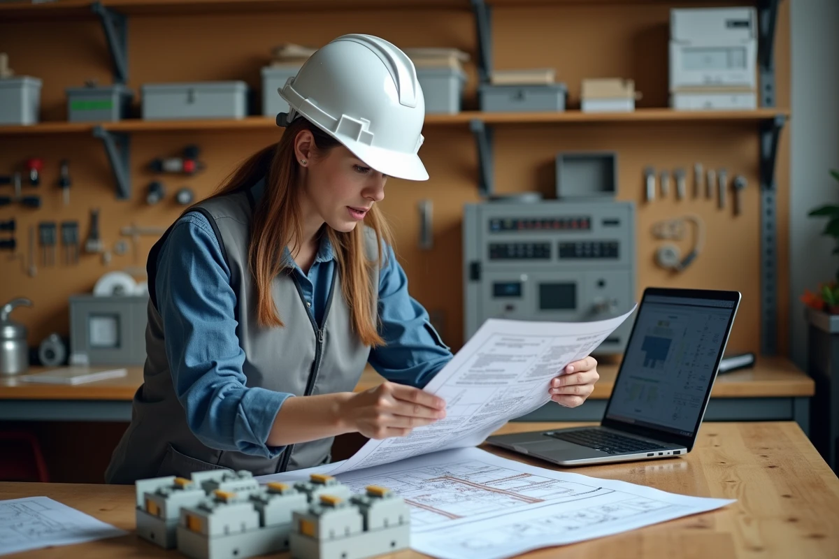 Ingénieure électricienne comparant un schéma de câblage avec des bornes de connexion électrique sur un plan de travail