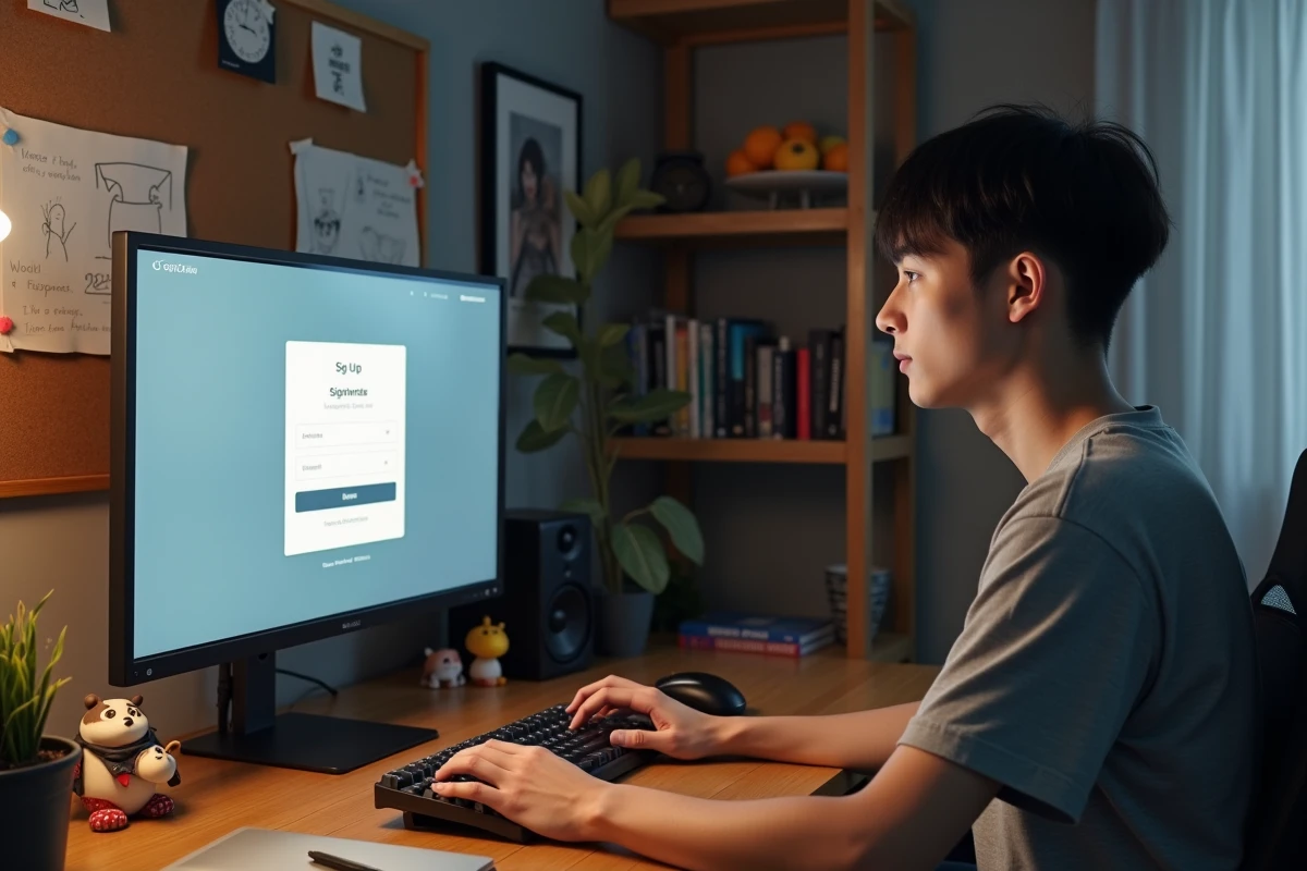 Homme créant un compte adkimi sur un ordinateur de bureau entouré de figurines d'anime