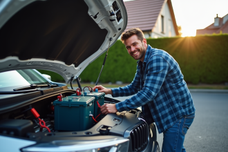 Homme installant deux batteries sous le capot d'un SUV propre