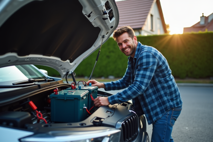 Homme installant deux batteries sous le capot d'un SUV propre