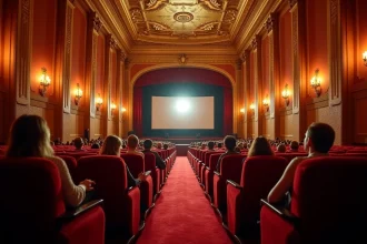 Vue panoramique de l'intérieur du Grand Rex à Paris avec ses rangées de sièges en velours rouge et son architecture Art Déco dorée