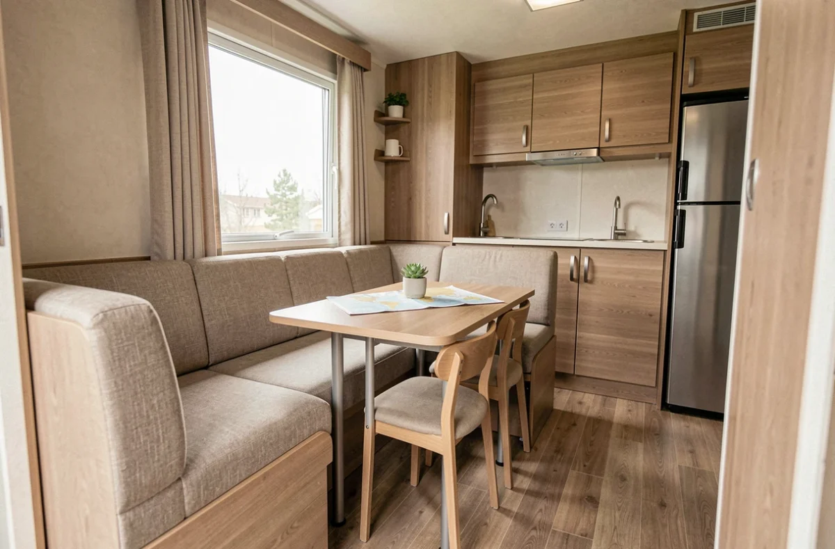 Intérieur confortable d'un mobil-home avec salon, coin repas et kitchenette moderne dans un style scandinave