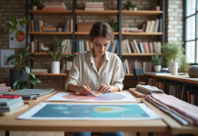 Jeune designer textile dans son studio moderne avec échantillons