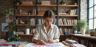Jeune designer textile dans son studio moderne avec échantillons