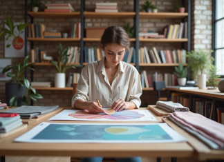 Salaire designer textile : chiffres et tendances du métier en France Jeune designer textile dans son studio moderne avec échantillons