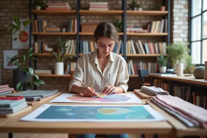 jeune-designer-textile-studio Jeune designer textile dans son studio moderne avec échantillons