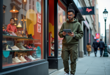 Jeune homme en streetwear devant boutique de sneakers en ville